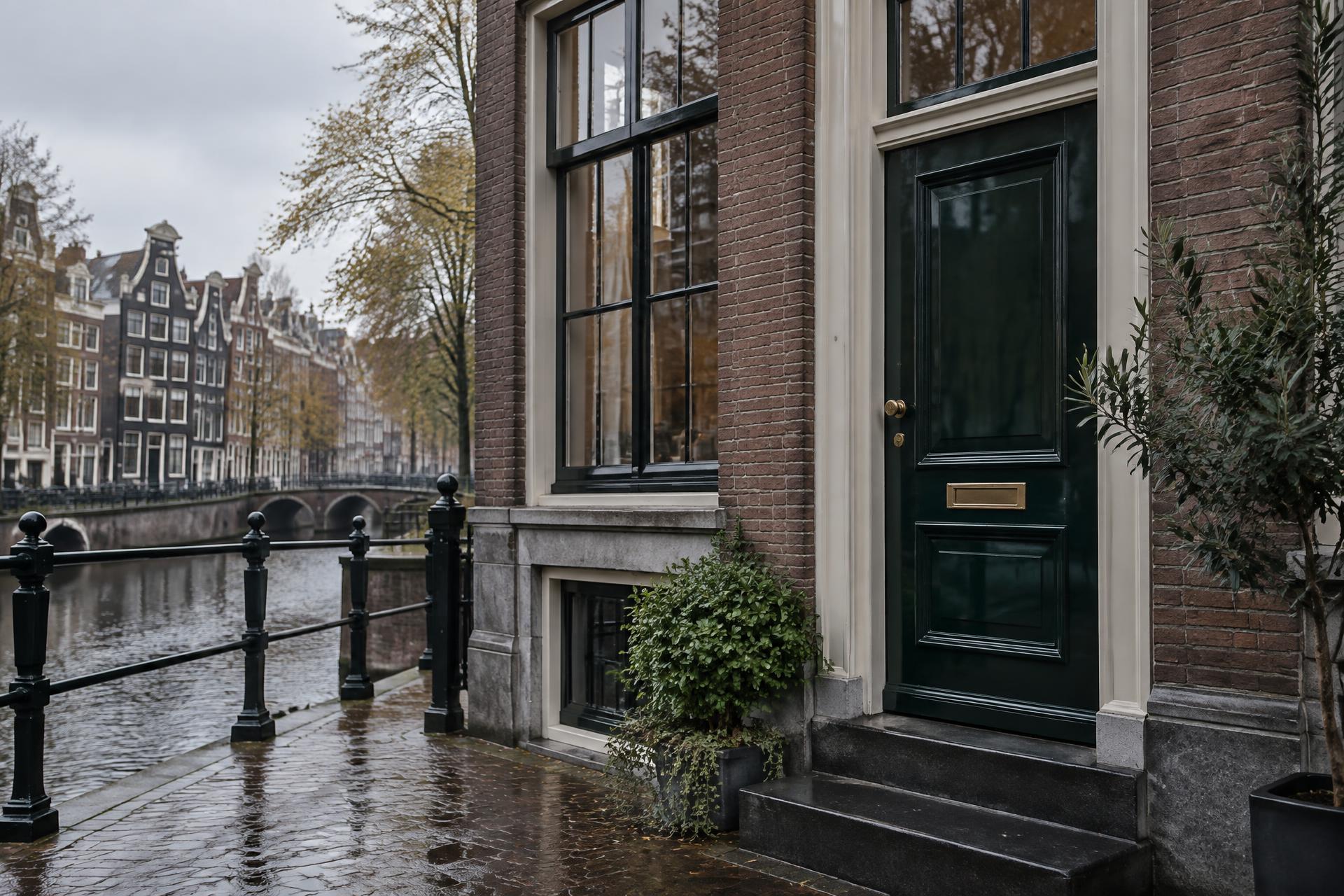 Donkergroene voordeur van een Amsterdams grachtenpand